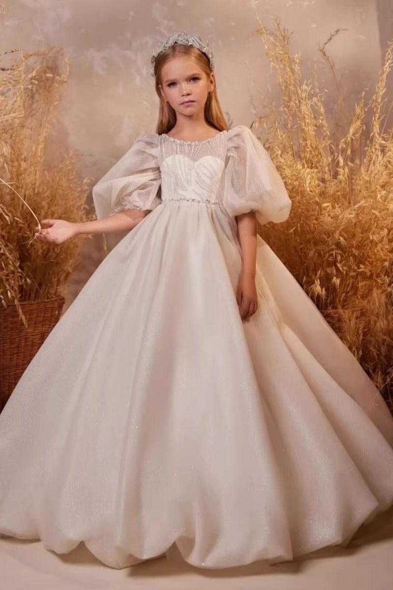 A-Line Illusion Puff Short Sleeve Heart Neck Flower Girl Dresses 750806564252 - 10 Days / As Picture / 2 - COCOMELODY